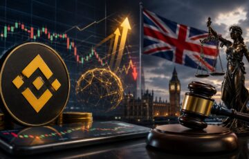 英国での仮想通貨デリバティブ訴訟を象徴する、バイナンス風のコイン、取引チャート、英国旗、法の女神像、木槌を組み合わせたイメージ