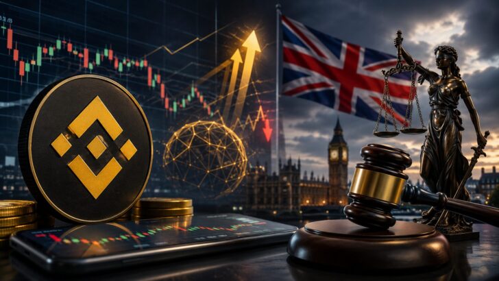 英国での仮想通貨デリバティブ訴訟を象徴する、バイナンス風のコイン、取引チャート、英国旗、法の女神像、木槌を組み合わせたイメージ