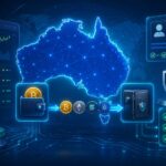 オーストラリアの地図、仮想通貨ウォレット、送金フロー、本人確認やセキュリティチェックを表す要素を組み合わせたアイキャッチ画像