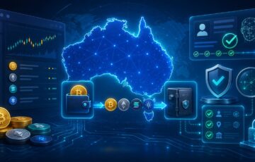 オーストラリアの地図、仮想通貨ウォレット、送金フロー、本人確認やセキュリティチェックを表す要素を組み合わせたアイキャッチ画像