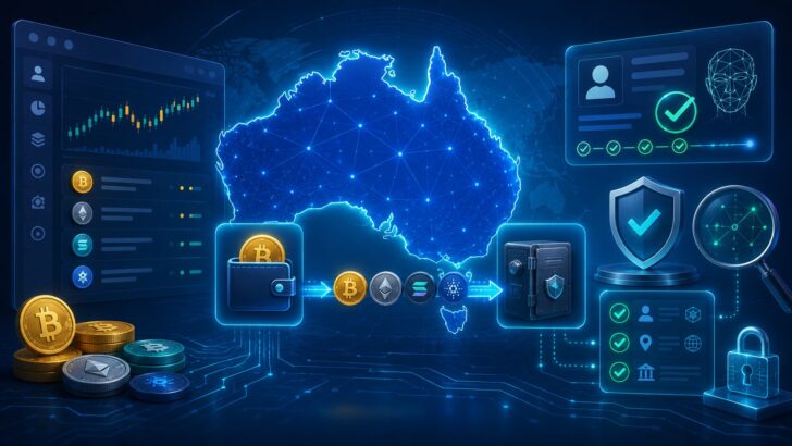 オーストラリアの地図、仮想通貨ウォレット、送金フロー、本人確認やセキュリティチェックを表す要素を組み合わせたアイキャッチ画像
