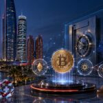 アブダビの金融都市を背景に、Bitcoin Suisseの機関投資家向け暗号資産サービス認可をイメージしたアイキャッチ画像