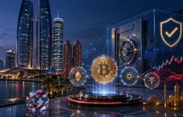 アブダビの金融都市を背景に、Bitcoin Suisseの機関投資家向け暗号資産サービス認可をイメージしたアイキャッチ画像