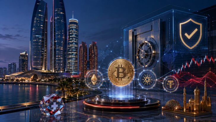 アブダビの金融都市を背景に、Bitcoin Suisseの機関投資家向け暗号資産サービス認可をイメージしたアイキャッチ画像