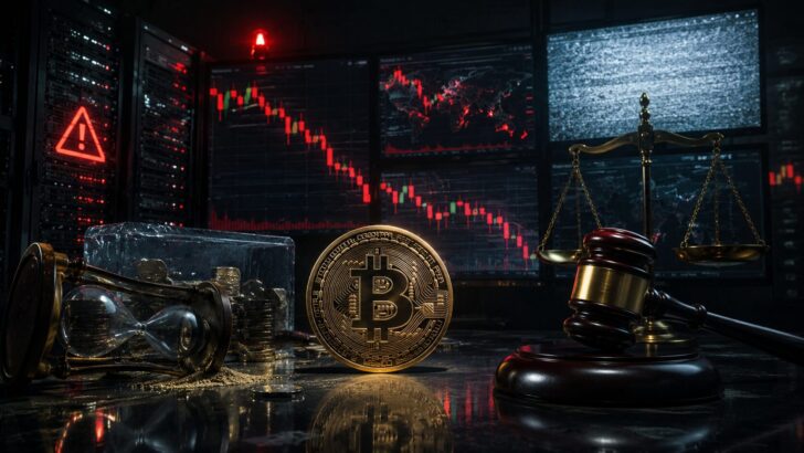 BitMEXの強制清算を巡る訴訟を表現した、ビットコインと裁判のイメージ
