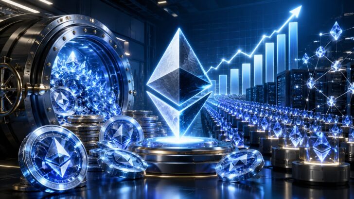 巨大なイーサリアムのシンボルと仮想通貨保管庫、上昇チャートを組み合わせたBitmineのETH財務拡大を表すアイキャッチ画像
