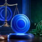 CircleとHeka Fundsの仲裁を象徴する、青いコインと法廷の天秤、木槌、壊れた緑色のコイン