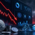仮想通貨市場の下落チャートとビットコイン、ステーブルコイン、金融インフラを表現したイメージ