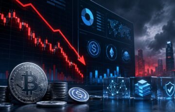 仮想通貨市場の下落チャートとビットコイン、ステーブルコイン、金融インフラを表現したイメージ