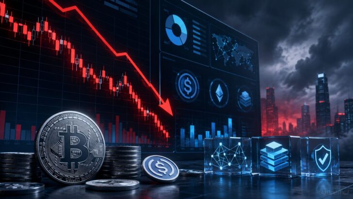 仮想通貨市場の下落チャートとビットコイン、ステーブルコイン、金融インフラを表現したイメージ