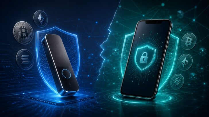 ハードウェアウォレットとスマートフォン型ウォレットの安全性を比較するイメージ