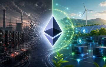 イーサリアムのマージによる電力消費削減を、PoWとPoSの対比で表現したイメージ