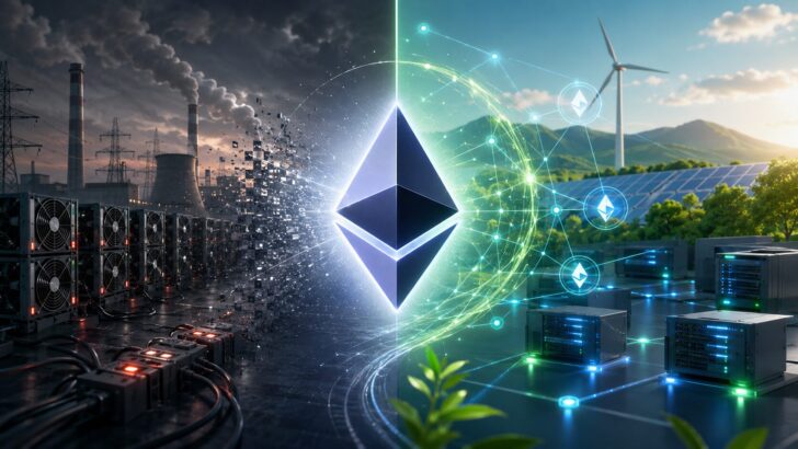 イーサリアムのマージによる電力消費削減を、PoWとPoSの対比で表現したイメージ