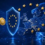 EUの地図と盾、ステーブルコイン、保管庫でMiCAの規制見直しとカストディ監督強化を表現したイメージ