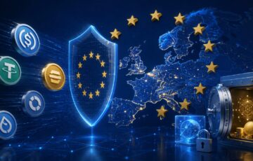 EUの地図と盾、ステーブルコイン、保管庫でMiCAの規制見直しとカストディ監督強化を表現したイメージ