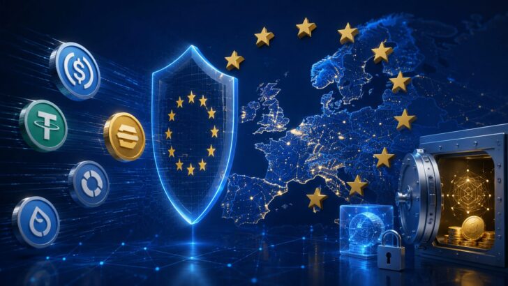 EUの地図と盾、ステーブルコイン、保管庫でMiCAの規制見直しとカストディ監督強化を表現したイメージ