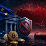 EU旗、仮想通貨、銀行、石油タンカー、ロシア地図を組み合わせ、第21次対ロシア制裁を表現したアイキャッチ画像