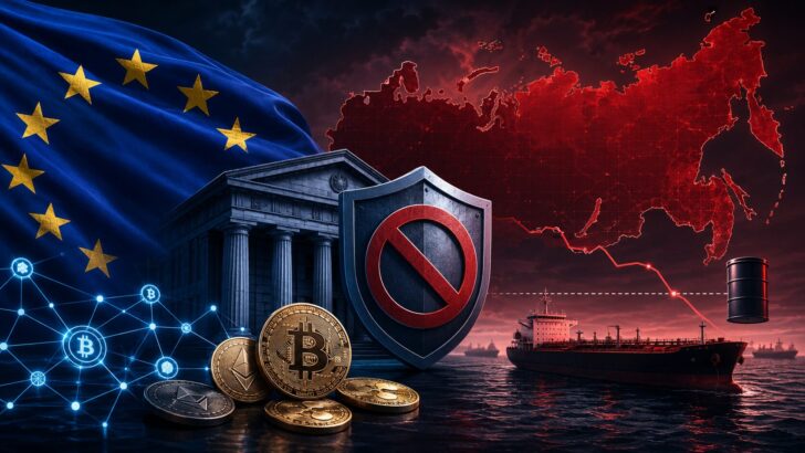 EU旗、仮想通貨、銀行、石油タンカー、ロシア地図を組み合わせ、第21次対ロシア制裁を表現したアイキャッチ画像