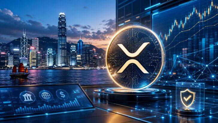 香港の夜景を背景に、規制された個人向け取引の開始を象徴するXRPコイン