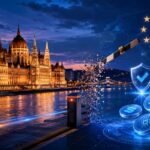 ハンガリー議会議事堂の夜景を背景に、仮想通貨規制の見直しとMiCAへの整合を表現したイメージ