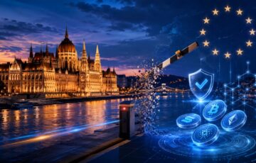 ハンガリー議会議事堂の夜景を背景に、仮想通貨規制の見直しとMiCAへの整合を表現したイメージ