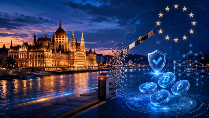 ハンガリー議会議事堂の夜景を背景に、仮想通貨規制の見直しとMiCAへの整合を表現したイメージ