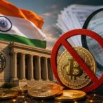 インド国旗、インド準備銀行、禁止マーク付きのビットコイン、税務書類で仮想通貨規制と申告問題を表現した画像