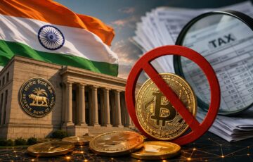 インド国旗、インド準備銀行、禁止マーク付きのビットコイン、税務書類で仮想通貨規制と申告問題を表現した画像