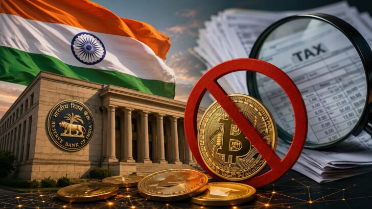 インド国旗、インド準備銀行、禁止マーク付きのビットコイン、税務書類で仮想通貨規制と申告問題を表現した画像