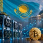 カザフスタンの国旗を背景に、仮想通貨マイニング設備やビットコイン、金庫を配置し、国家仮想通貨準備金と連動したマイニング制度を表現したアイキャッチ画像