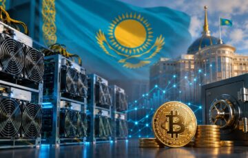 カザフスタンの国旗を背景に、仮想通貨マイニング設備やビットコイン、金庫を配置し、国家仮想通貨準備金と連動したマイニング制度を表現したアイキャッチ画像