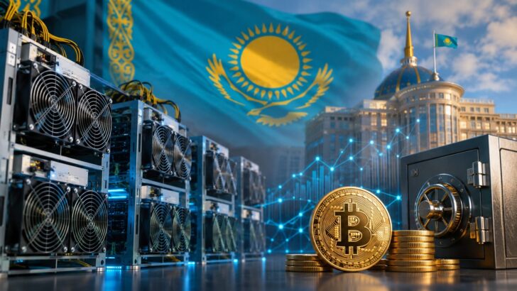 カザフスタンの国旗を背景に、仮想通貨マイニング設備やビットコイン、金庫を配置し、国家仮想通貨準備金と連動したマイニング制度を表現したアイキャッチ画像