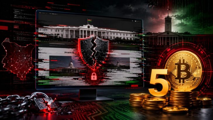 ケニア大統領公式サイトへのサイバー攻撃と5BTCの身代金要求を表現したイメージ