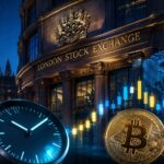 夜のロンドン証券取引所と時計、ビットコインやイーサリアム、株価チャートを描いたイメージ