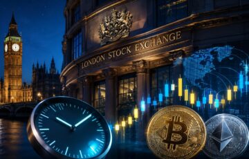 夜のロンドン証券取引所と時計、ビットコインやイーサリアム、株価チャートを描いたイメージ