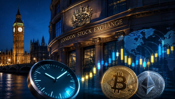 夜のロンドン証券取引所と時計、ビットコインやイーサリアム、株価チャートを描いたイメージ
