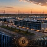 送電設備に囲まれた大規模データセンターとビットコインマイニング機器のイメージ