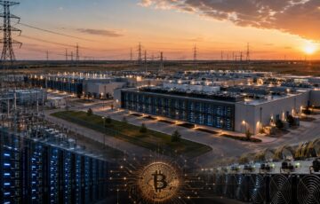 送電設備に囲まれた大規模データセンターとビットコインマイニング機器のイメージ