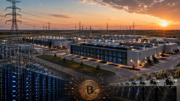 送電設備に囲まれた大規模データセンターとビットコインマイニング機器のイメージ