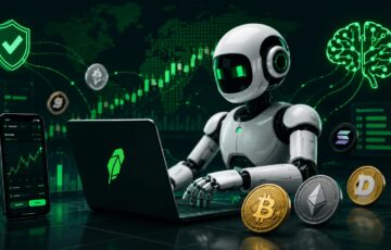 AIエージェントが仮想通貨市場を分析し、自動取引を行うイメージ