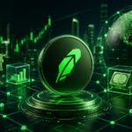 Robinhood Chainによるトークン化株式取引をイメージした、ブロックチェーン上の金融資産とグローバル市場のビジュアル