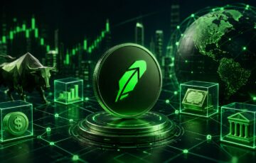 Robinhood Chainによるトークン化株式取引をイメージした、ブロックチェーン上の金融資産とグローバル市場のビジュアル