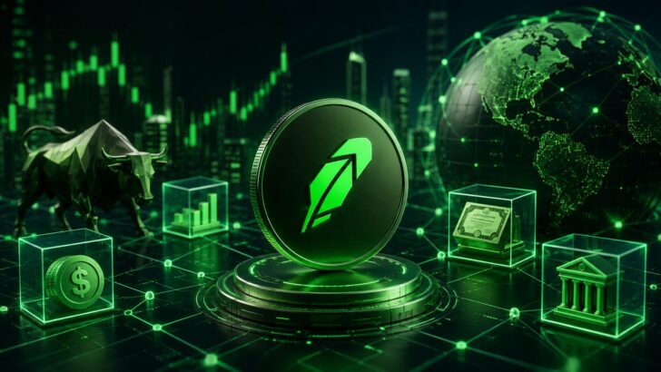 Robinhood Chainによるトークン化株式取引をイメージした、ブロックチェーン上の金融資産とグローバル市場のビジュアル