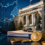 ロシア中銀の建物と金庫、仮想通貨、規制を示す木槌を組み合わせたイメージ ロシア中銀の建物と金庫、仮想通貨、規制を示す木槌を組み合わせたイメージ