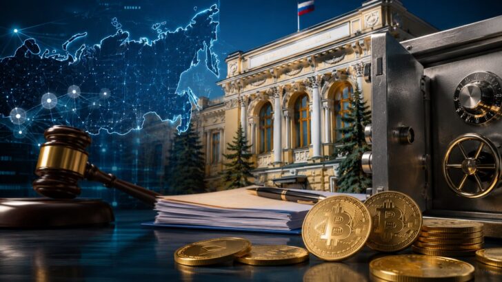 ロシア中銀の建物と金庫、仮想通貨、規制を示す木槌を組み合わせたイメージ ロシア中銀の建物と金庫、仮想通貨、規制を示す木槌を組み合わせたイメージ