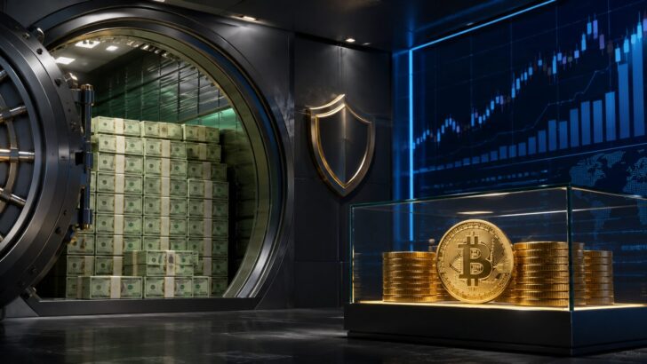 米ドル準備金を積み増す金庫と、保有を維持するビットコインを表現したイメージ