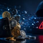 仮想通貨ウォレットから資産が流出し、警告画面と侵入者が映るセキュリティ侵害のイメージ