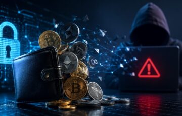仮想通貨ウォレットから資産が流出し、警告画面と侵入者が映るセキュリティ侵害のイメージ