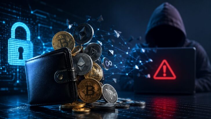 仮想通貨ウォレットから資産が流出し、警告画面と侵入者が映るセキュリティ侵害のイメージ