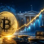 ビットコインと米国政府機関、上昇チャート、法の天秤を組み合わせた仮想通貨政策と倫理論争を表すアイキャッチ画像